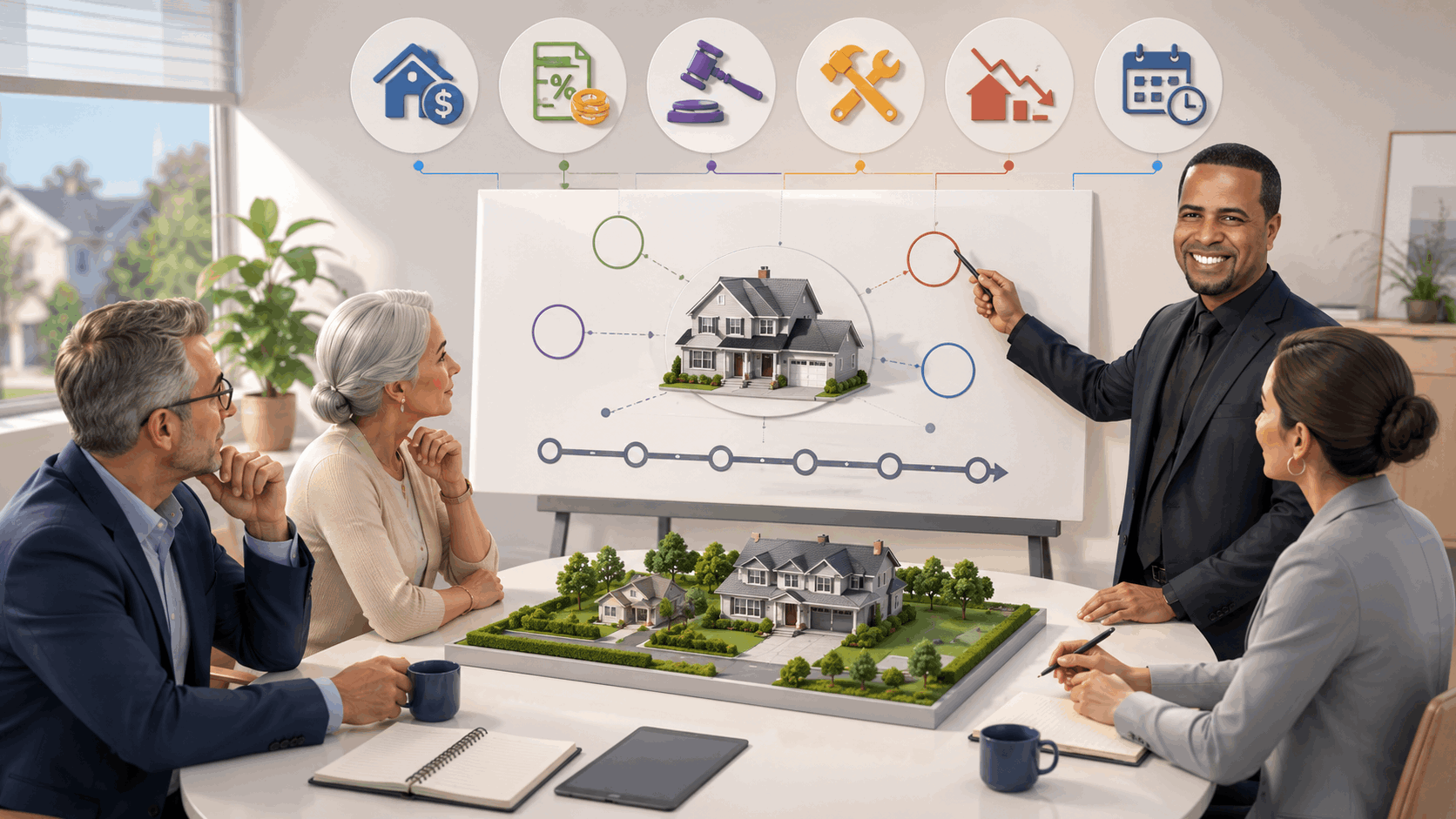 North Jersey probate real estate planning meeting with an executor, attorney, title professional, and agent reviewing mortgage, taxes, repairs, short sale options, and closing timeline.