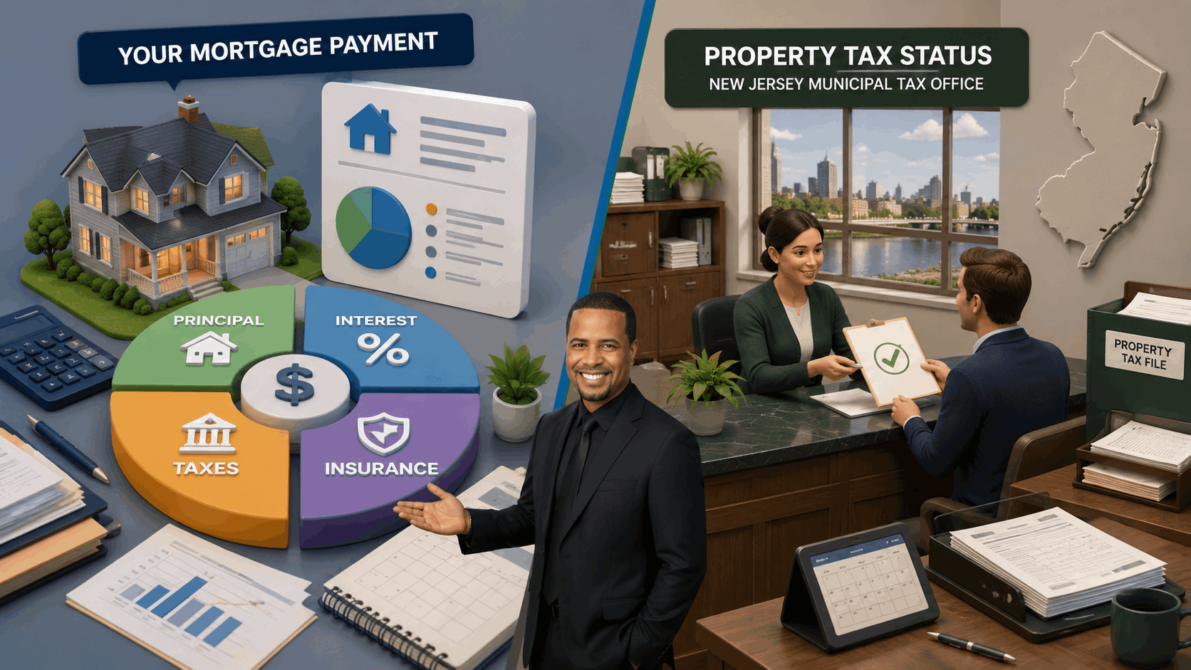 Mortgage payment breakdown showing principal, interest, taxes, and insurance beside a New Jersey municipal office verifying property tax payment status.