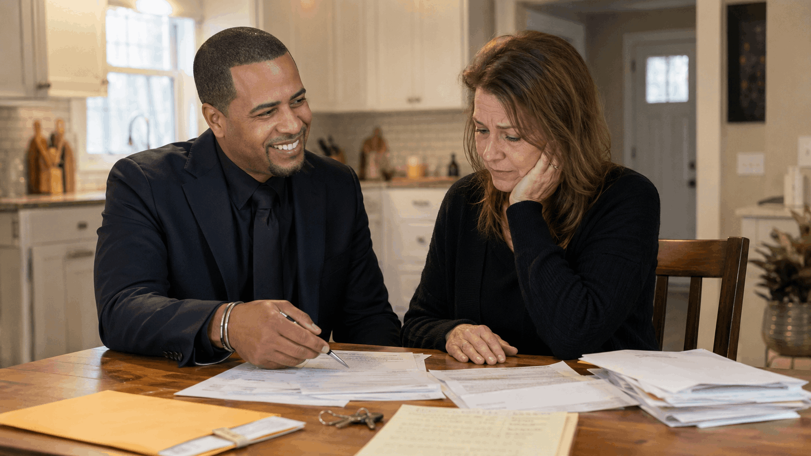 Johnny Rodriguez helping a concerned executor review probate documents, mortgage statements, property taxes, and house keys inside a North Jersey home.