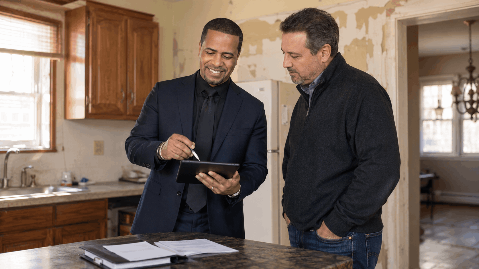 Johnny Rodriguez evaluating an inherited North Jersey home with an executor, reviewing property comparisons on a tablet in a kitchen needing minor repairs.