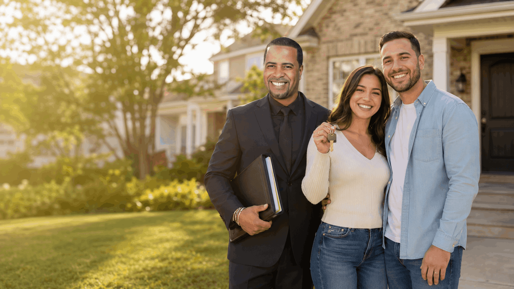 Johnny Rodriguez, North Jersey real estate agent, celebrates with first-time buyers holding house keys outside their new Clifton, NJ home.