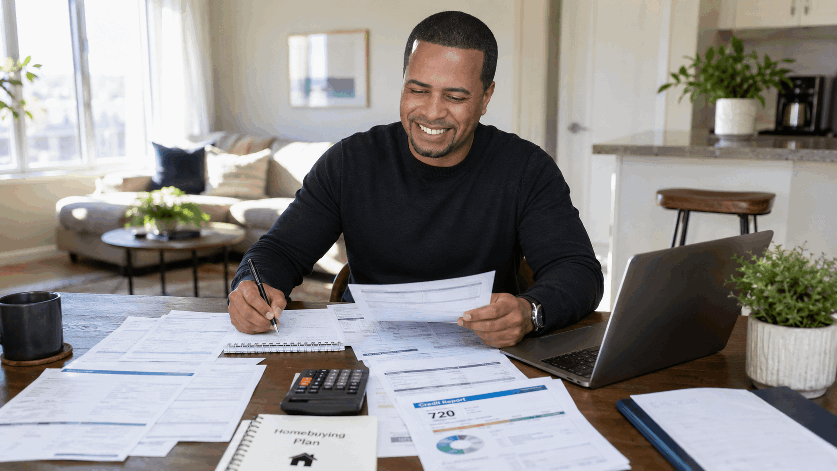 First-time homebuyer in a North Jersey apartment organizing mortgage documents, credit report, bank statements, and a homebuying plan.