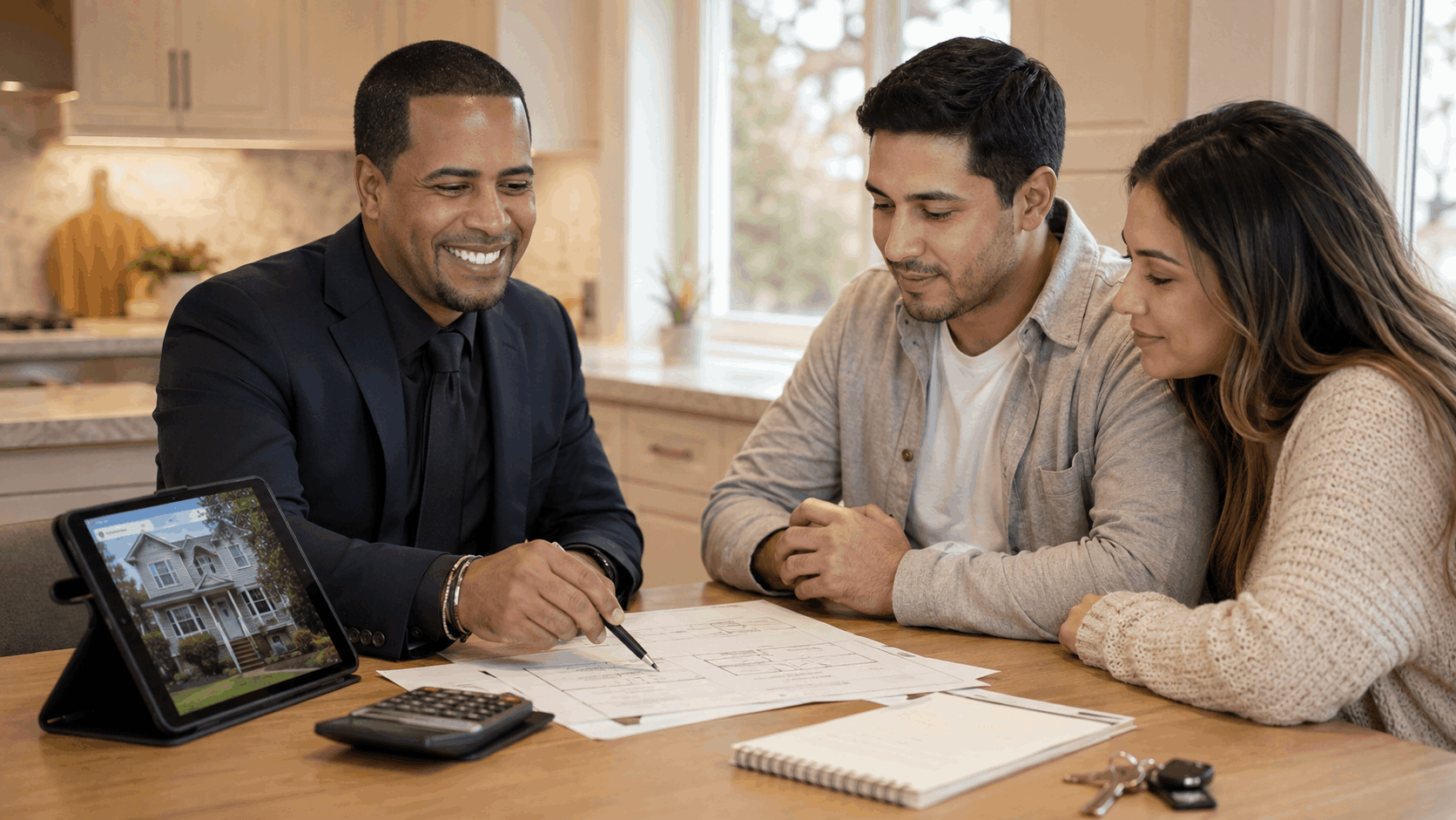 North Jersey real estate agent Johnny Rodriguez reviewing a homebuying plan with a first-time buyer couple.