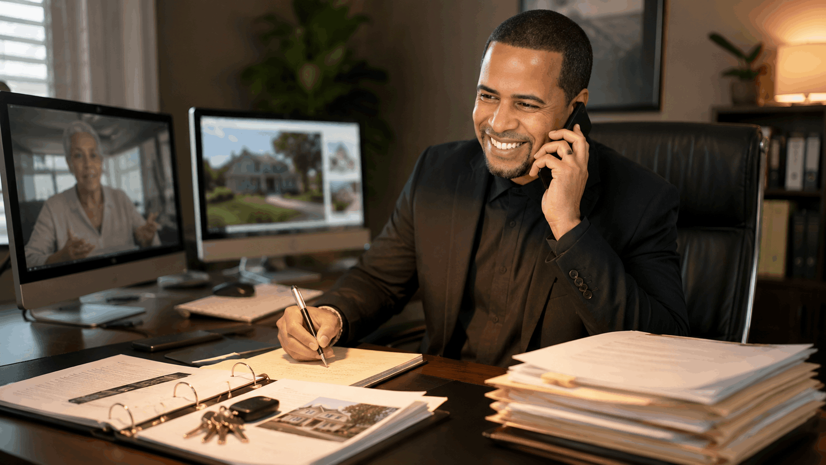 Johnny Rodriguez coordinating a New Jersey probate short sale from his office while speaking with an executor, reviewing property documents, a backup buyer file, and house keys.