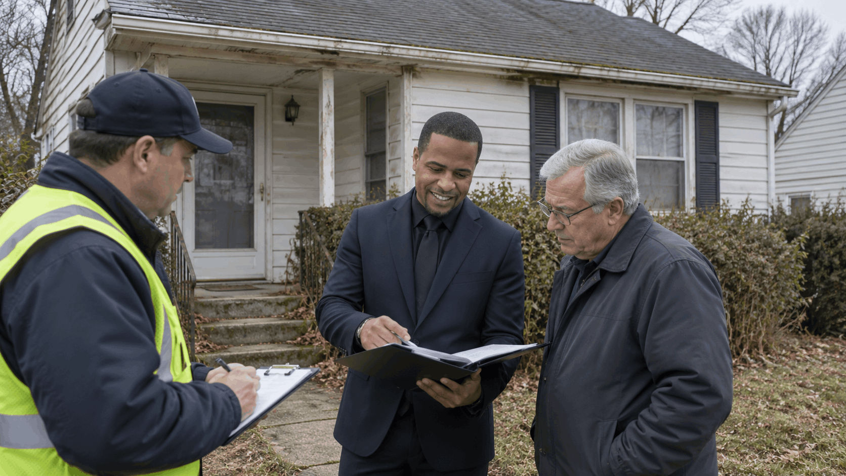 North Jersey probate property inspection with a municipal inspector, executor, and real estate professional reviewing permits, liens, and exterior maintenance concerns.