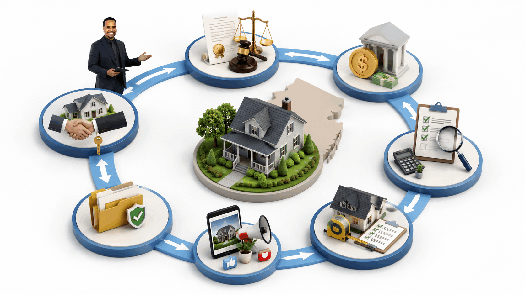 Isometric probate home sale roadmap showing legal authority, mortgage payoff, tax review, property evaluation, marketing, backup offers, and closing around a North Jersey home.