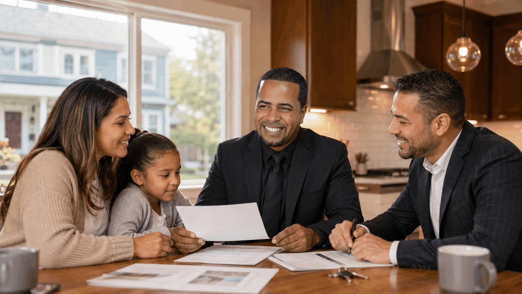 First-generation homebuyer family reviewing down payment assistance with a Latino real estate professional and mortgage advisor in North Jersey.
