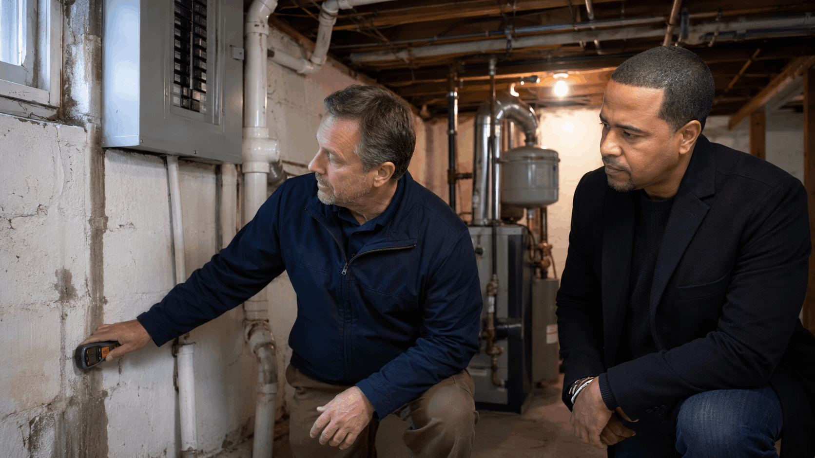 Licensed home inspector checks basement moisture, electrical systems, plumbing, and heating with a first-time buyer in a North Jersey home.