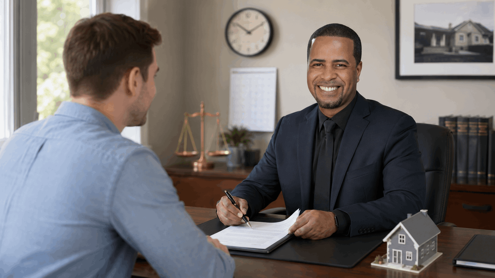 New Jersey real estate attorney reviewing a home purchase contract with a first-time buyer during the attorney review period.