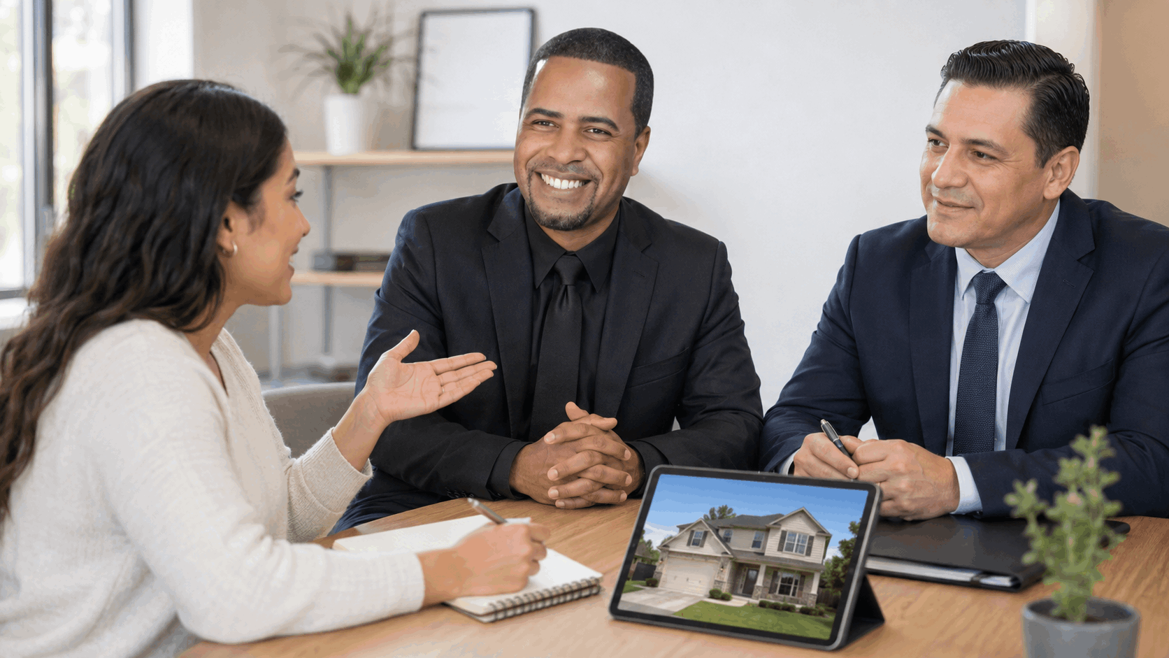 First-time home buyer meeting with a Latino real estate professional and mortgage advisor to discuss credit, down payment assistance, gift funds, and closing costs in North Jersey.