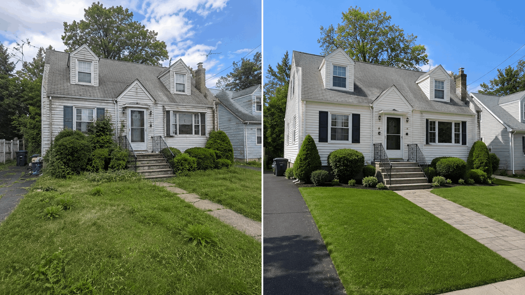 Before-and-after comparison of an inherited North Jersey home with overgrown landscaping transformed through cleaning, trimming, fresh paint, and affordable curb appeal improvements.