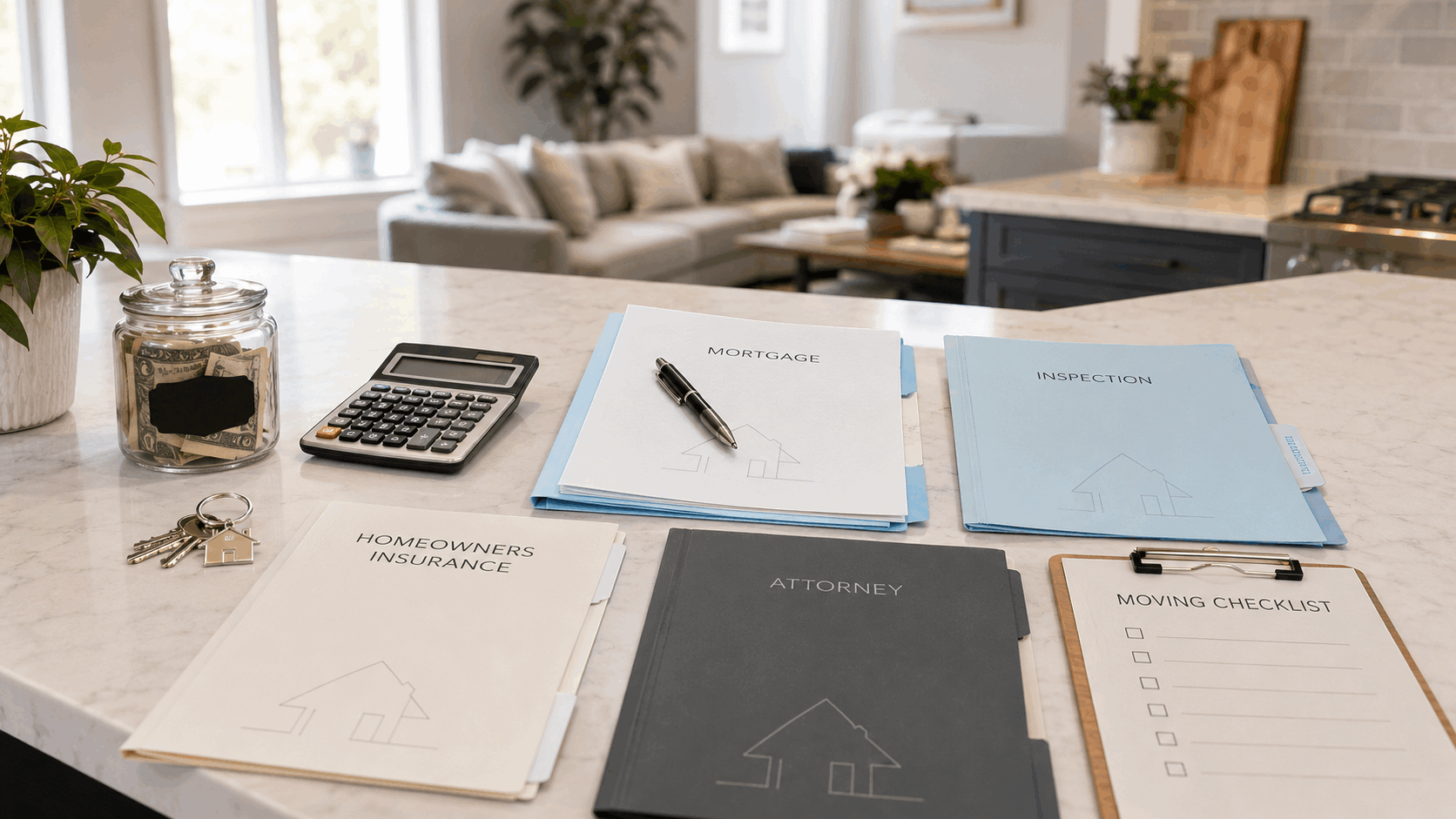 North Jersey homebuying costs with house keys, calculator, savings jar, mortgage, inspection, insurance, attorney, and moving documents.