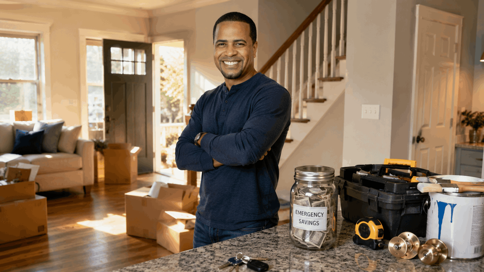 First-time homeowner in a North Jersey starter home with moving boxes, tools, paint supplies, new locks, and an emergency savings jar.