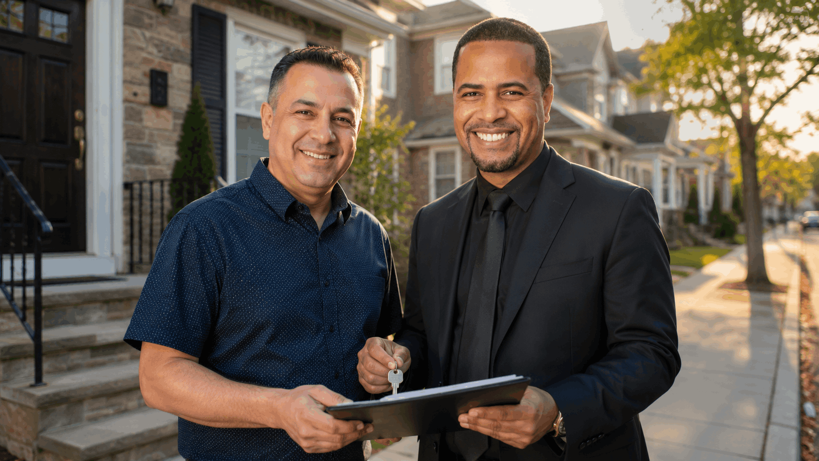 Johnny Rodriguez, North Jersey real estate professional, standing with a relieved probate executor outside a Clifton or Paterson home after a successful closing.