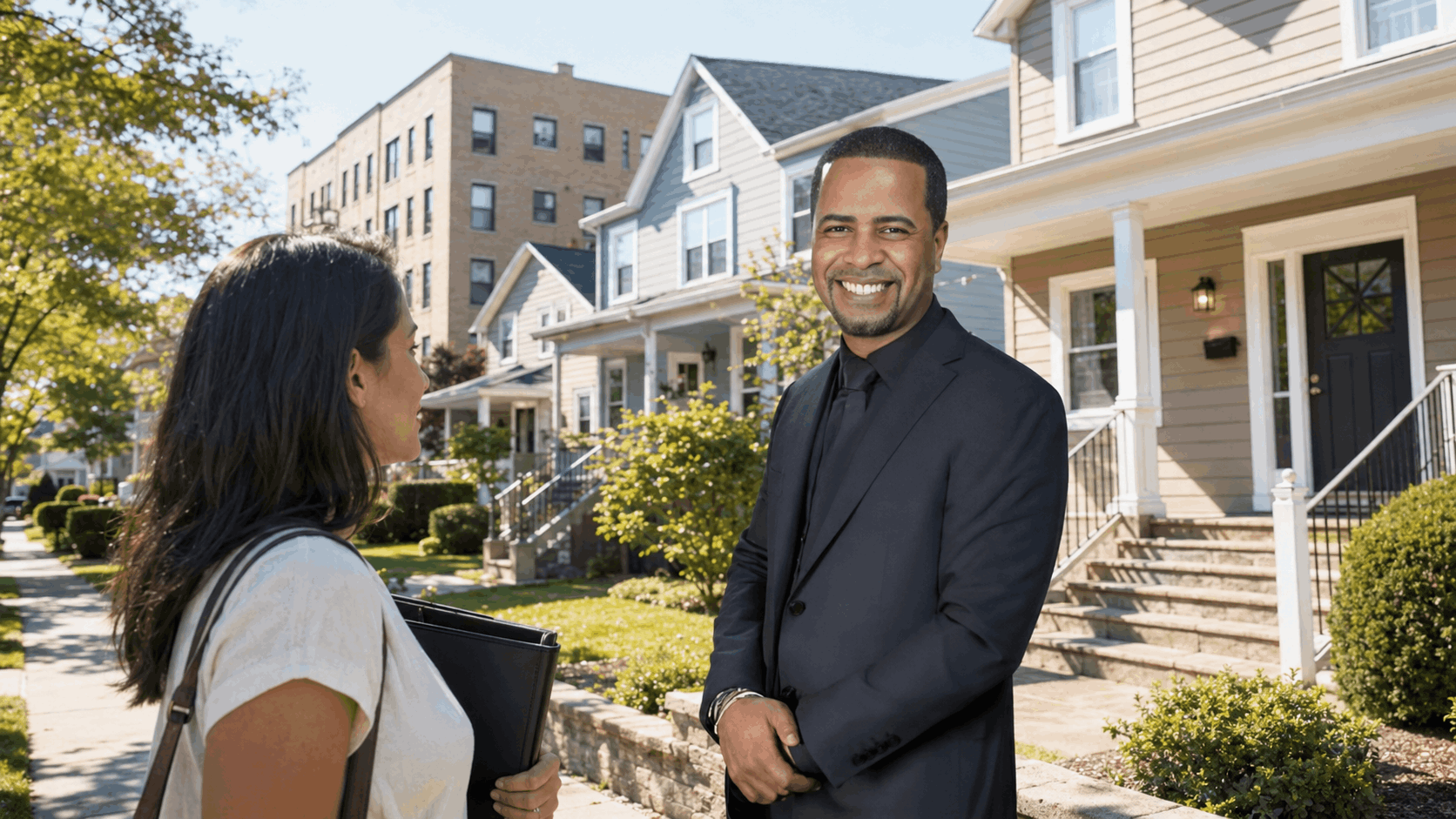 North Jersey first-time homebuyer speaking with realtor Johnny Rodriguez outside a starter home in Clifton, NJ.
