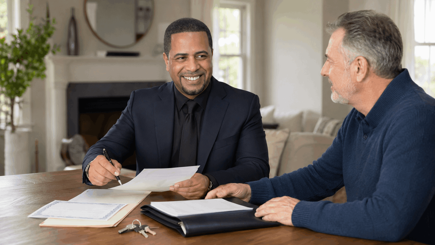 Latino real estate professional helping an executor review probate documents and house keys during an estate consultation in a North Jersey home.