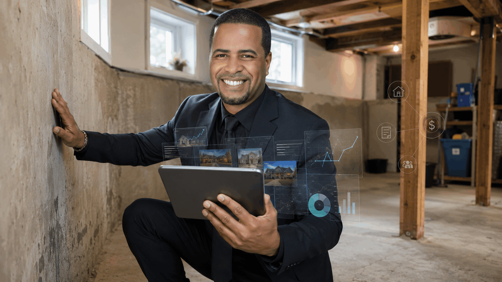 Confident North Jersey real estate professional inspecting a basement wall for moisture while reviewing property comparisons on a tablet.