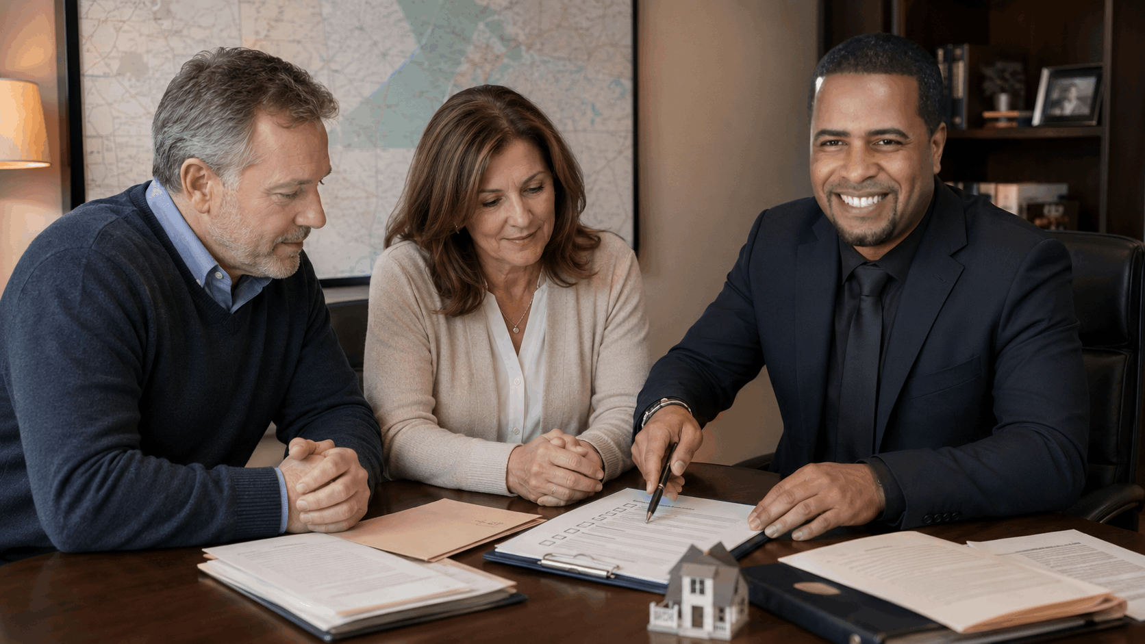 New Jersey probate executor and attorney reviewing estate documents with real estate professional Johnny Rodriguez during a property sale consultation.