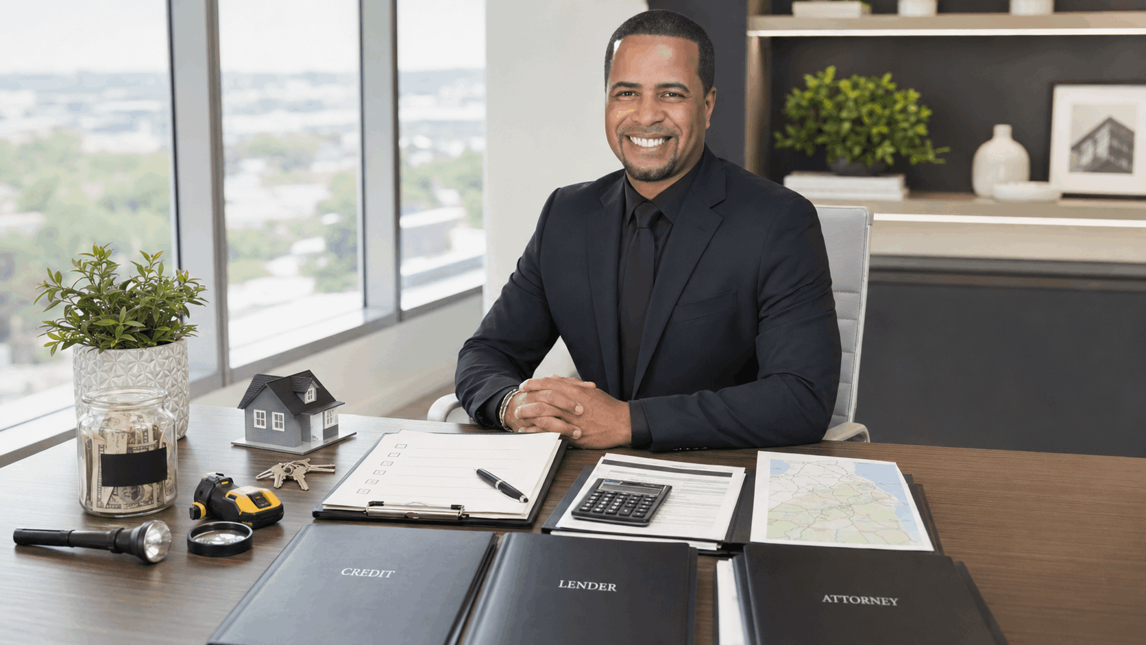 North Jersey real estate professional with a first-time homebuyer preparation kit, budget calculator, lender documents, map, and house keys.