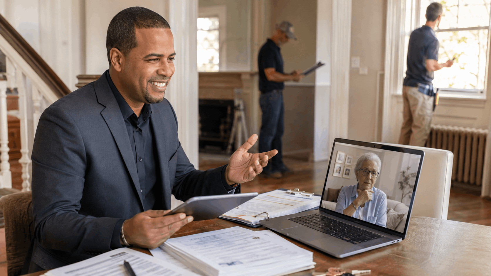 Johnny Rodriguez coordinates a North Jersey inherited property sale through a video call with an out-of-state executor while contractors complete inspections and repairs.