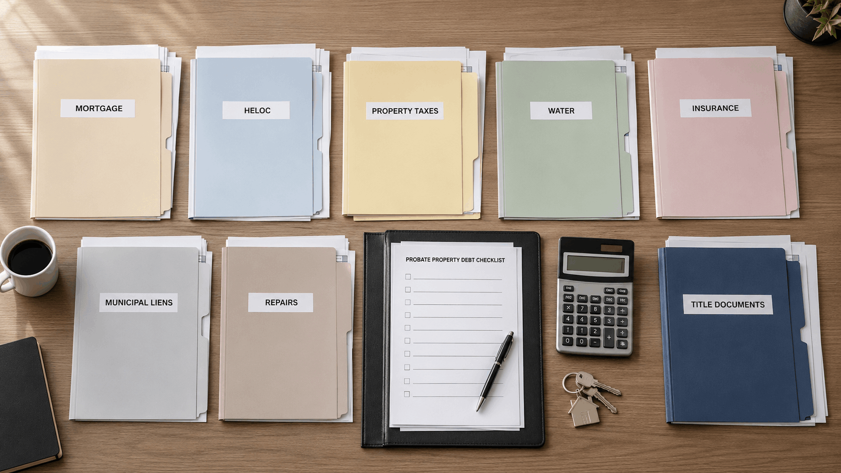 Organized probate property debt file with folders for mortgages, taxes, liens, repairs, insurance, title documents, calculator, checklist, and house keys.