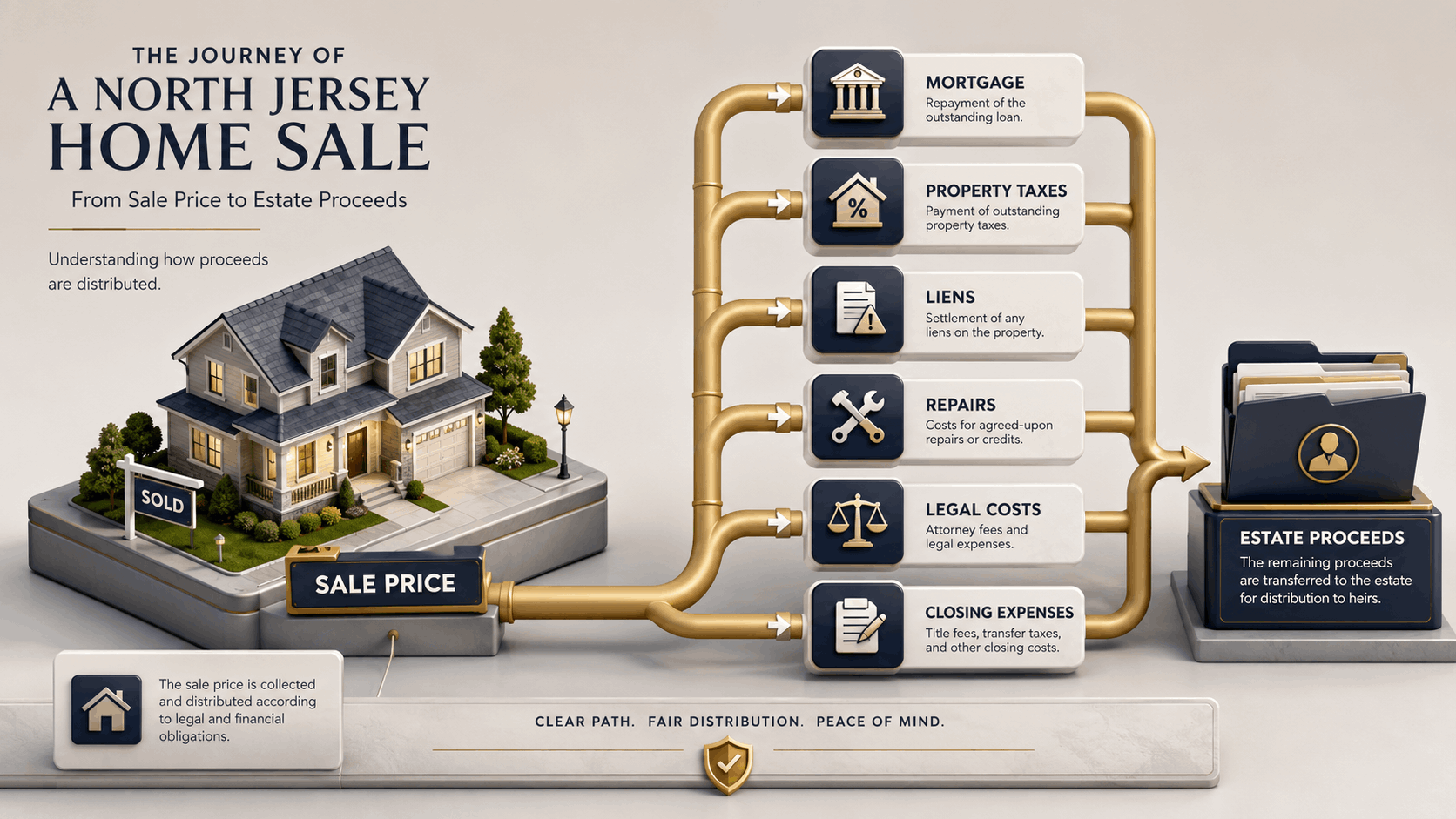 Isometric graphic showing a North Jersey home sale price distributed toward mortgage, property taxes, liens, repairs, legal costs, closing expenses, and remaining estate proceeds.