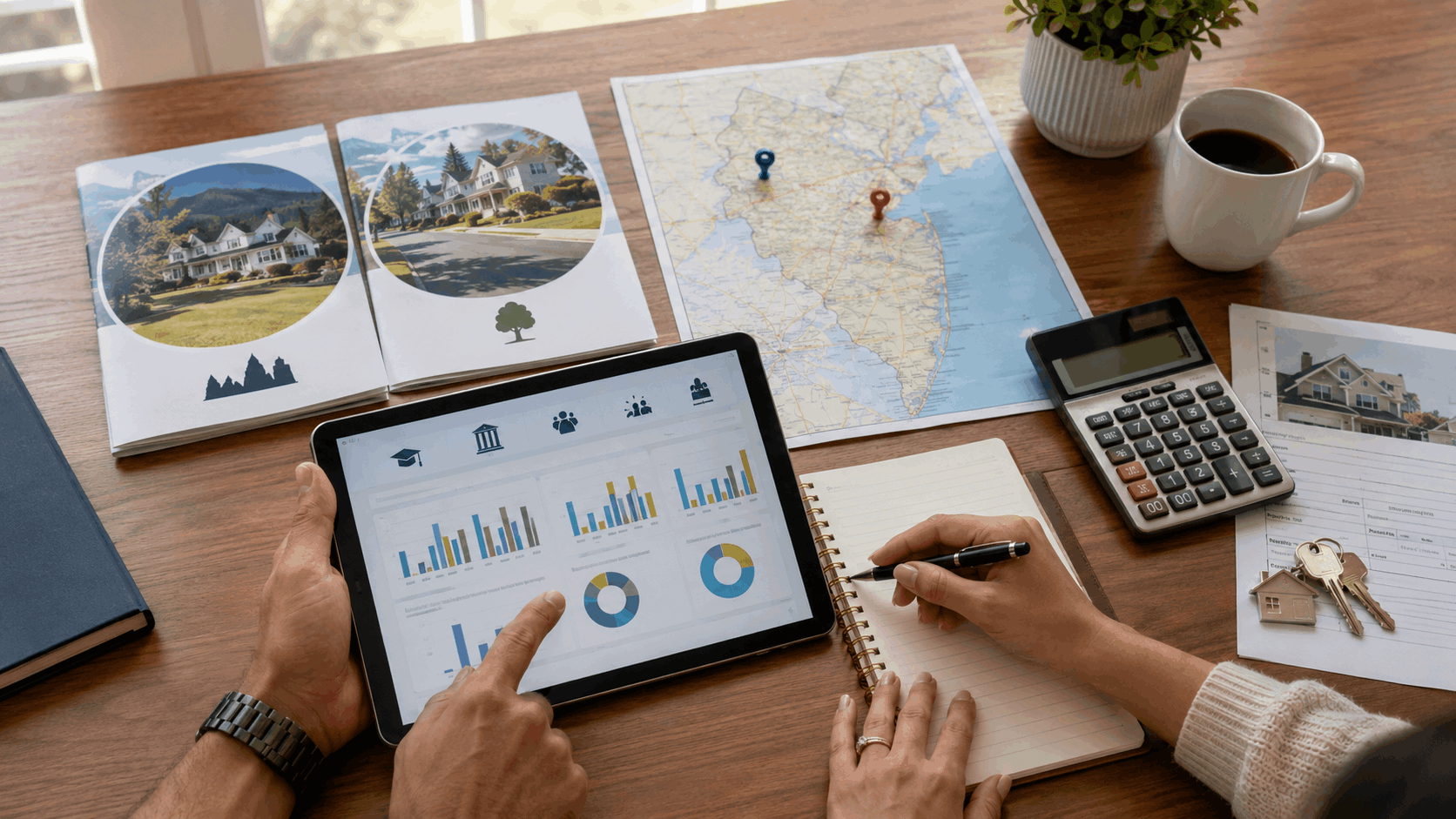 North Jersey homebuyer comparing Clifton and Paramus schools, homes, mortgage costs, and neighborhood options using a tablet, map, calculator, and property brochures.