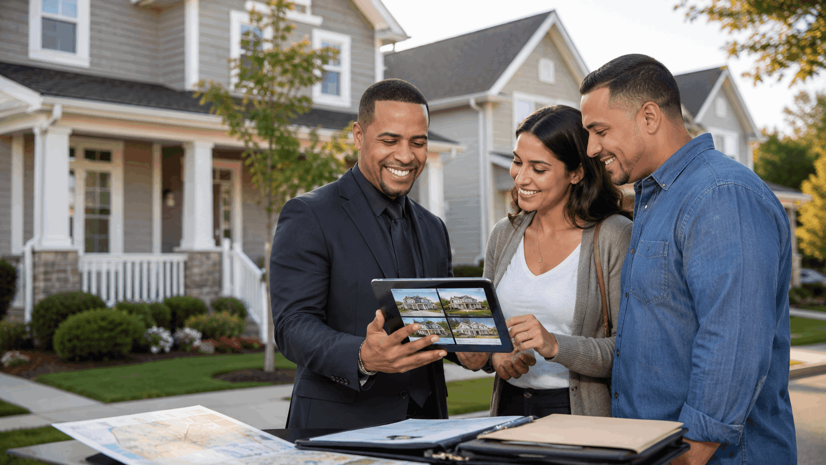 North Jersey real estate agent showing a diverse homebuyer couple available homes on a tablet outside a suburban property.