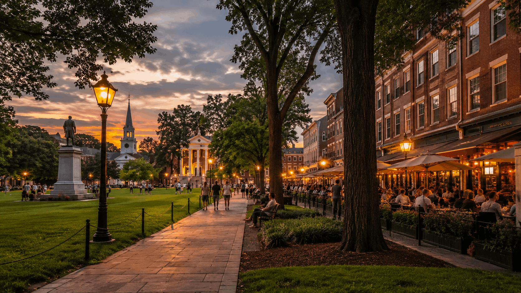 Historic Morristown Green in New Jersey at sunset with brick buildings, outdoor dining, pedestrians, and lively downtown atmosphere.