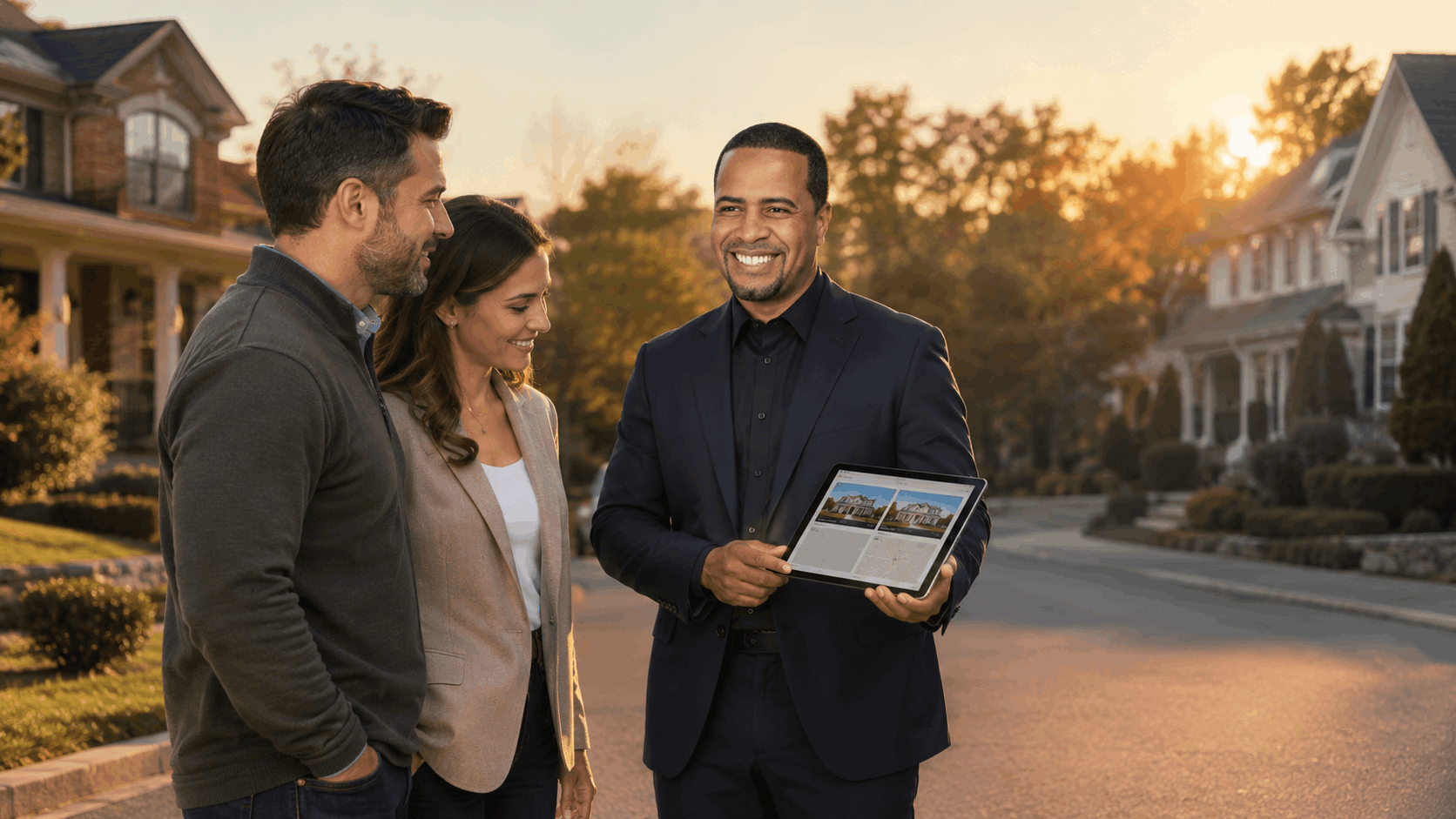 Latino real estate professional helping a homebuyer couple compare Clifton and Paramus, New Jersey neighborhoods using a tablet at sunset.