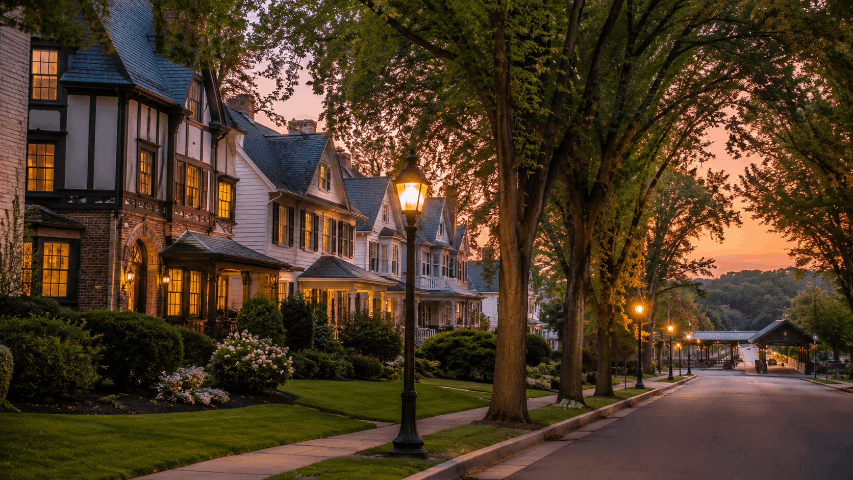 Historic Glen Ridge, New Jersey street with Tudor and Colonial homes, glowing gas lamps, mature trees, manicured lawns, and a nearby commuter station at sunset.