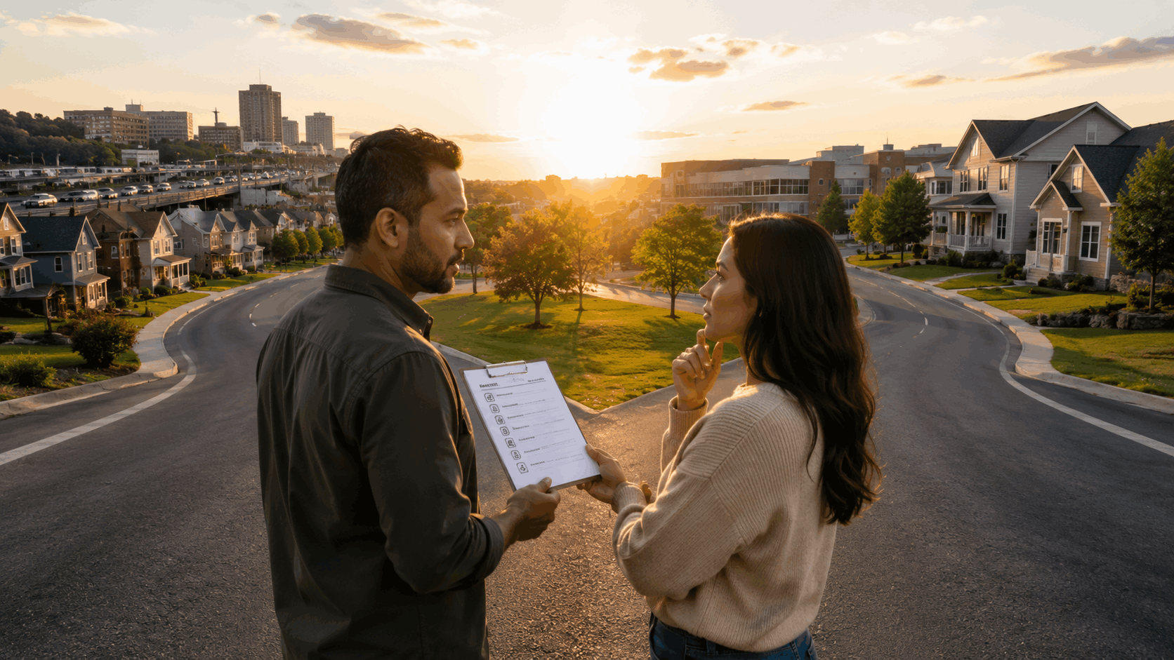 Homebuyer couple comparing Clifton and Paramus, NJ, at a symbolic crossroads while reviewing housing, commute, schools, and lifestyle priorities.
