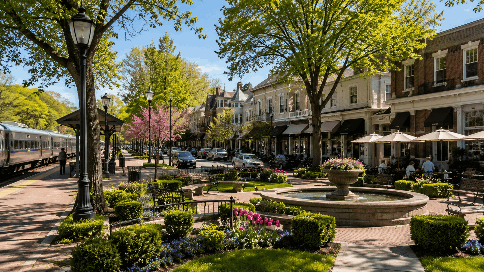 Springtime village scene inspired by Ridgewood, New Jersey, featuring downtown cafés, boutique shops, landscaped gardens, and a commuter train station.
