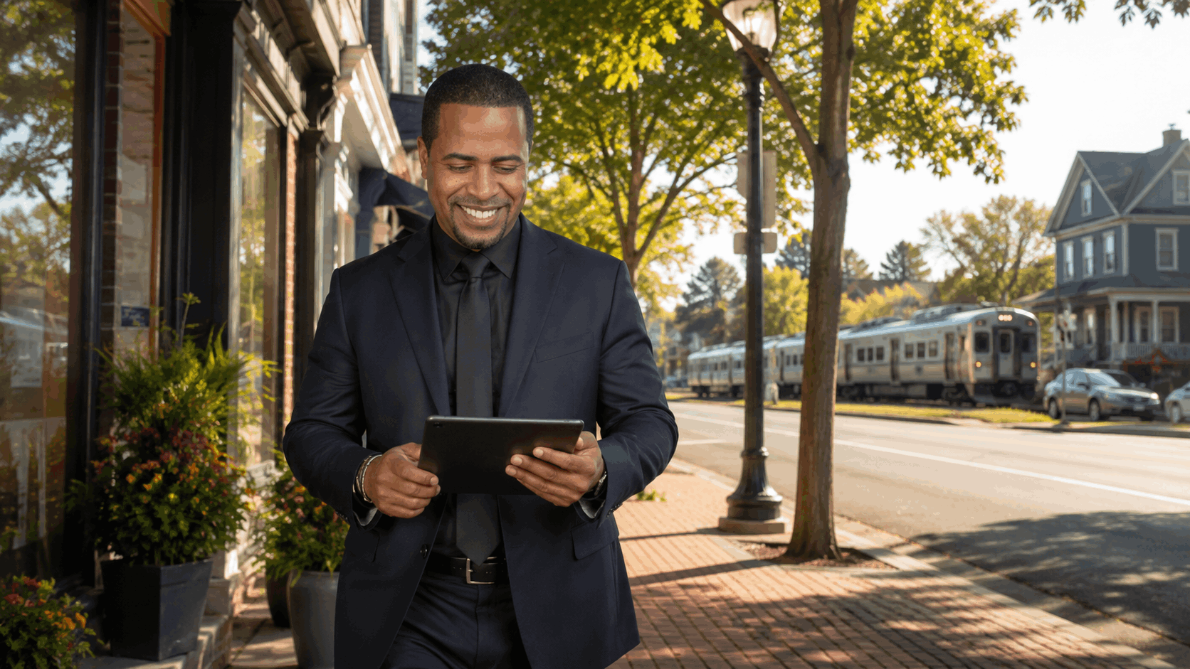 Johnny Rodriguez, North Jersey real estate agent, reviewing neighborhood notes on a tablet near downtown shops and a commuter train.