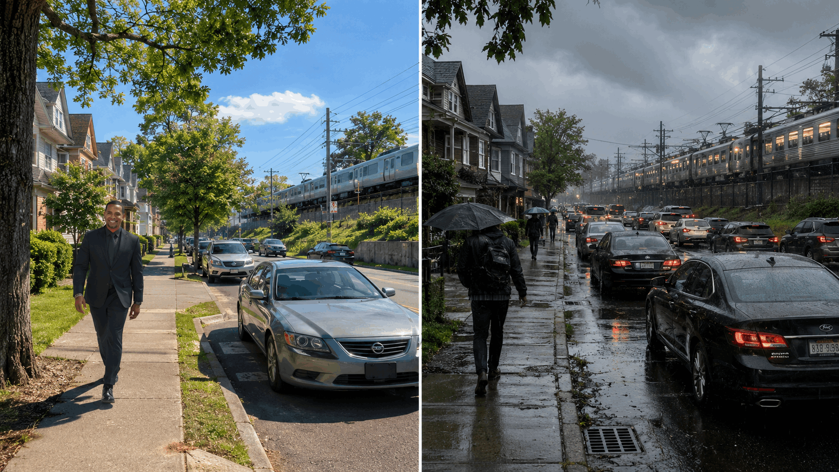 North Jersey realtor comparing a sunny residential street with NJ Transit access to rainy rush-hour traffic and commuter conditions.