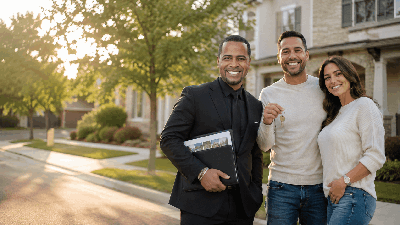 North Jersey real estate agent with smiling homebuyers holding keys outside their new suburban New Jersey home at sunset.