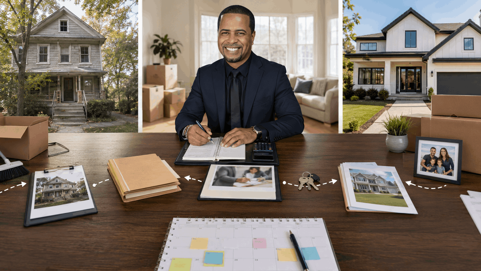 North Jersey real estate professional coordinating the sale of one home and purchase of another with planning documents, moving boxes, house keys, and a transition timeline.
