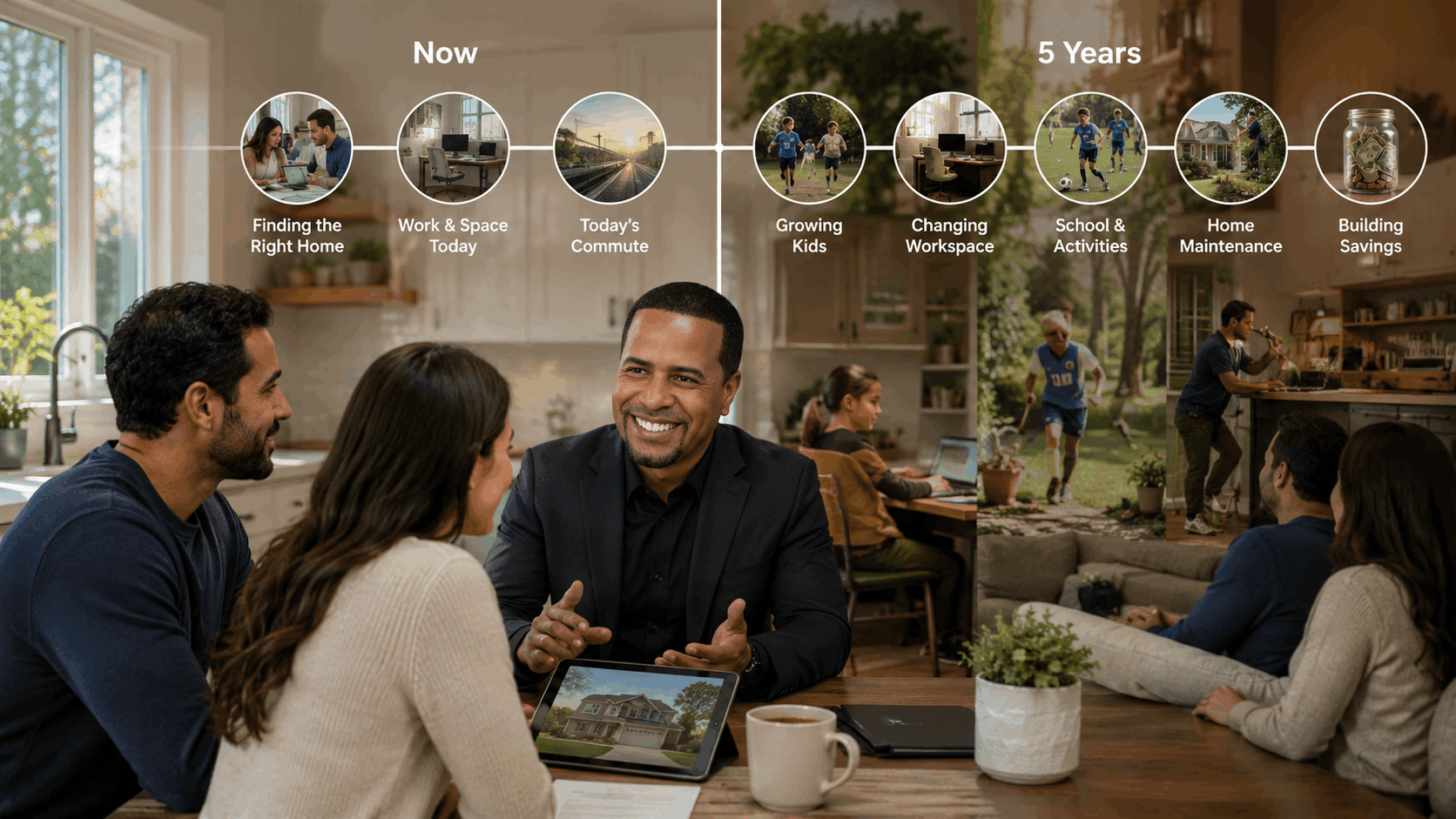 North Jersey real estate professional helps a family plan for today’s home needs and future changes, including children, workspace, commute, maintenance, and savings.