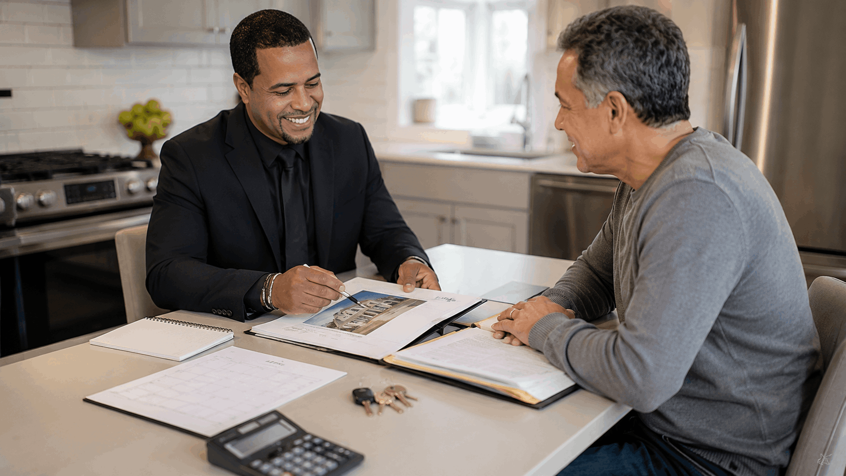 North Jersey Realtor Johnny Rodriguez reviewing a home valuation, probate documents, mortgage statement, calendar, and keys with a homeowner.