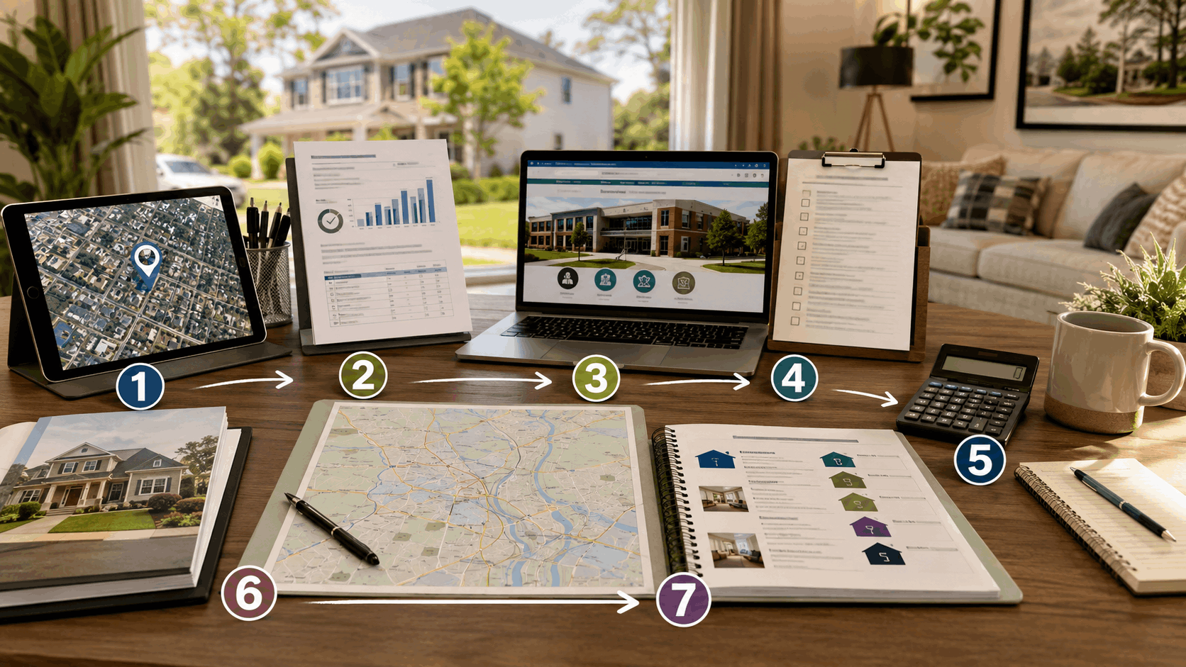 Seven-step home and school research workspace with address maps, school reports, district information, mortgage calculator, commute planning, and a North Jersey home.