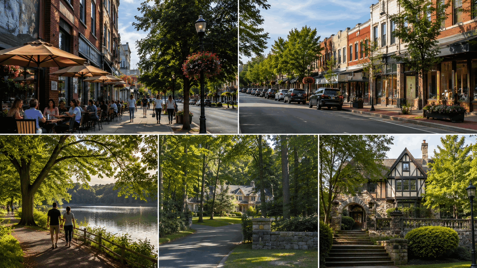 Five-panel collage of North Jersey towns featuring Montclair dining, Ridgewood’s downtown, Verona’s lake, Franklin Lakes homes, and Glen Ridge architecture.