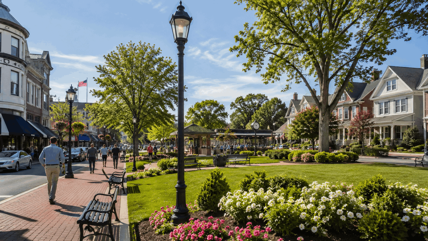 Sunny downtown Summit, New Jersey, with shops, landscaped green space, historic homes, and commuters near the train station.