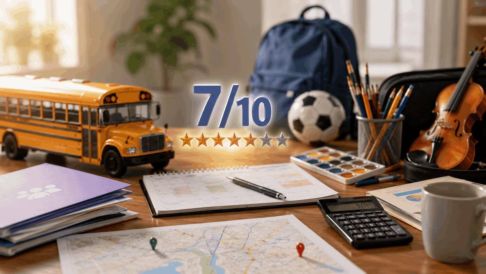 School rating surrounded by a school bus, sports equipment, art supplies, music programs, family calendar, commute map, and budget calculator.