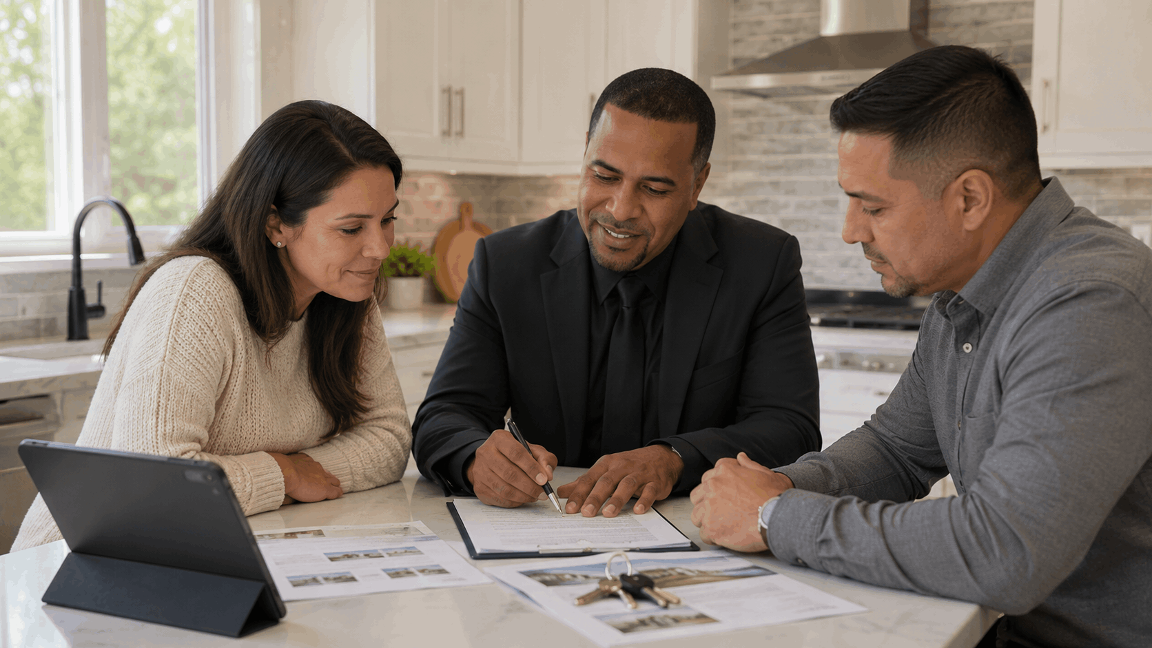 North Jersey real estate agent reviewing a detailed pre-offer homebuying checklist with buyers at a bright kitchen island.