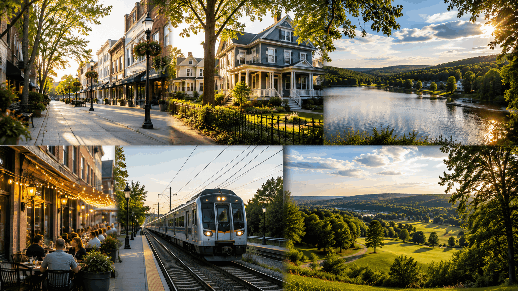 North Jersey lifestyle collage with walkable downtown, historic homes, lake, restaurants, commuter train, and green parks.