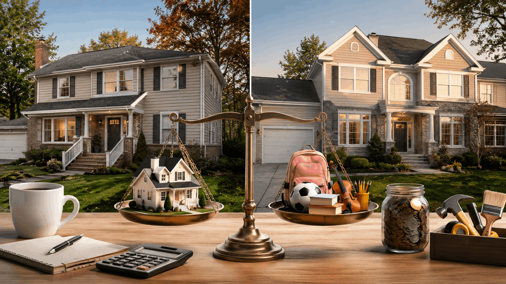 Side-by-side comparison of Clifton and Paramus Colonial homes with a balance scale weighing homeownership against childcare, education, activities, savings, and repair costs.