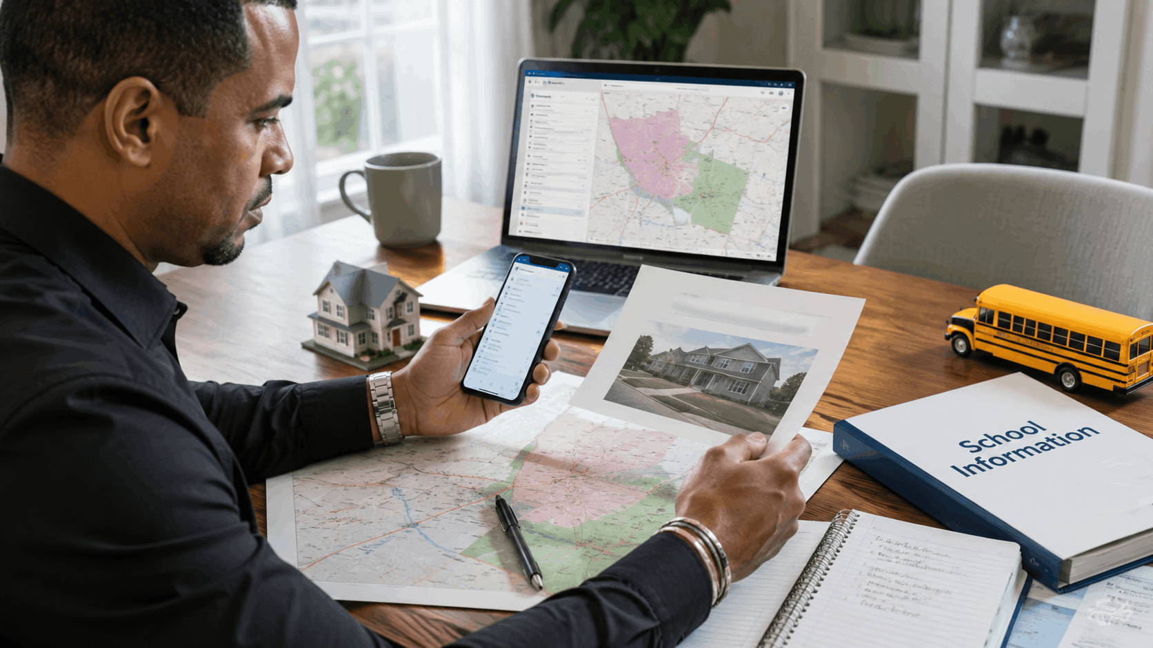 Homebuyer verifying school assignment boundaries using a laptop, phone, district map, property photo, model home, and school information folder.