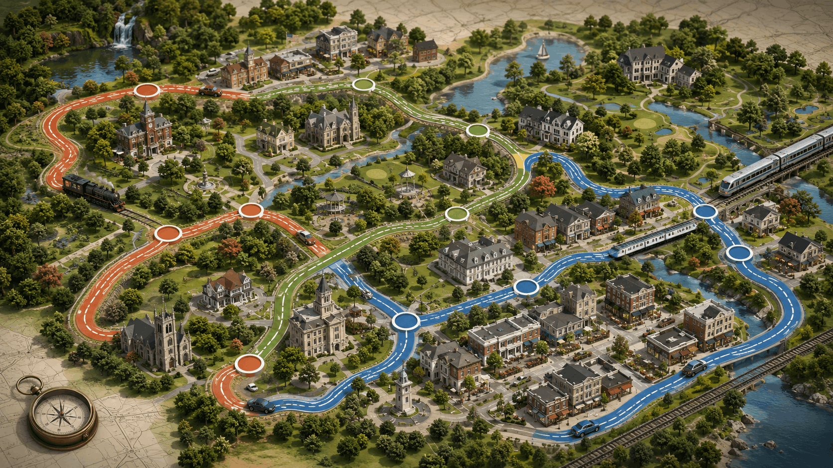 Illustrated North Jersey road trip map showing three scenic routes through Montclair, Ridgewood, Franklin Lakes, Morristown, Summit, and nearby towns, with parks, lakes, landmarks, and trains.