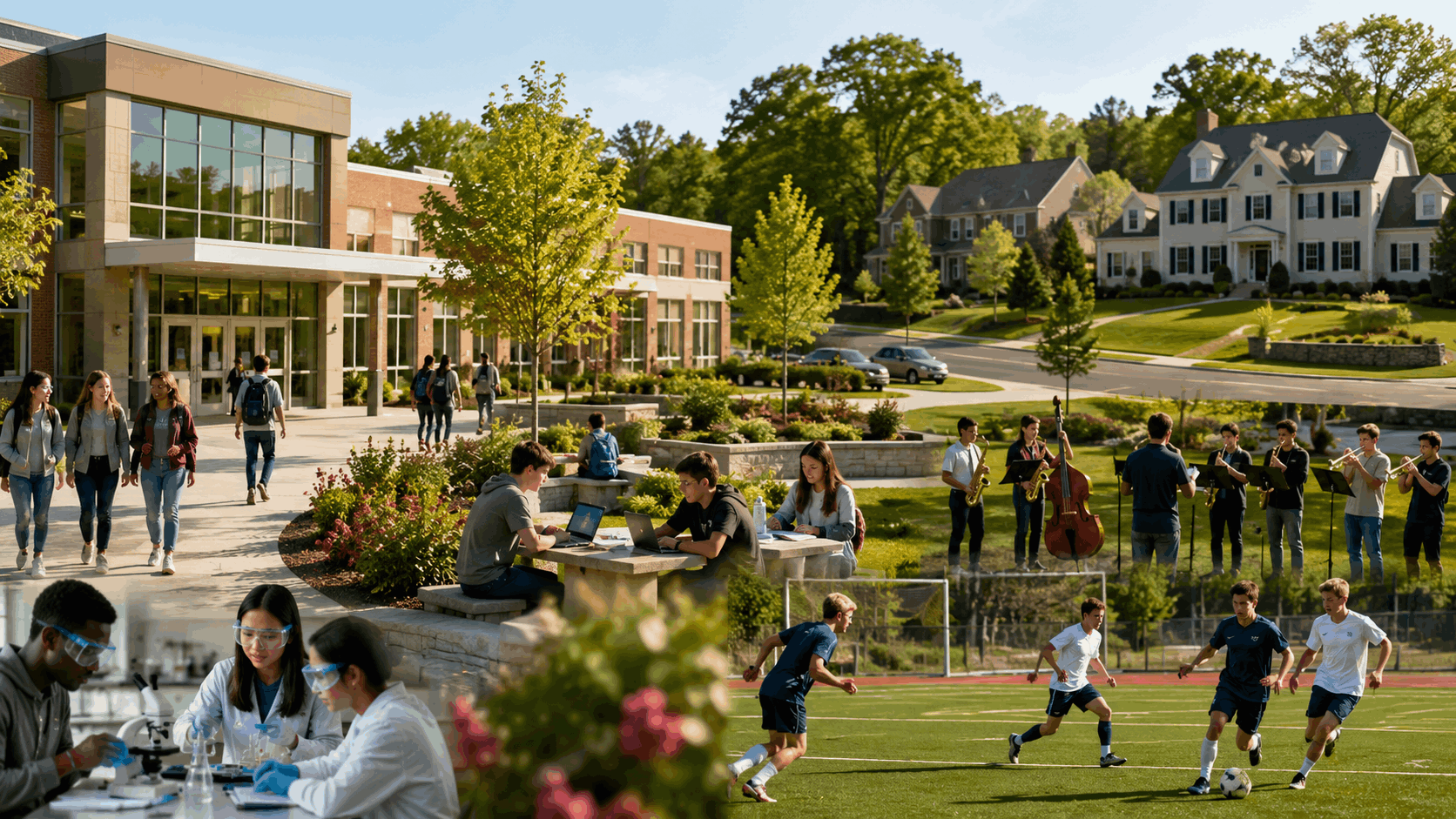 Modern Paramus, New Jersey public school campus with students participating in science, music, academics, and athletics, beside a tree-lined Bergen County neighborhood with Colonial homes.