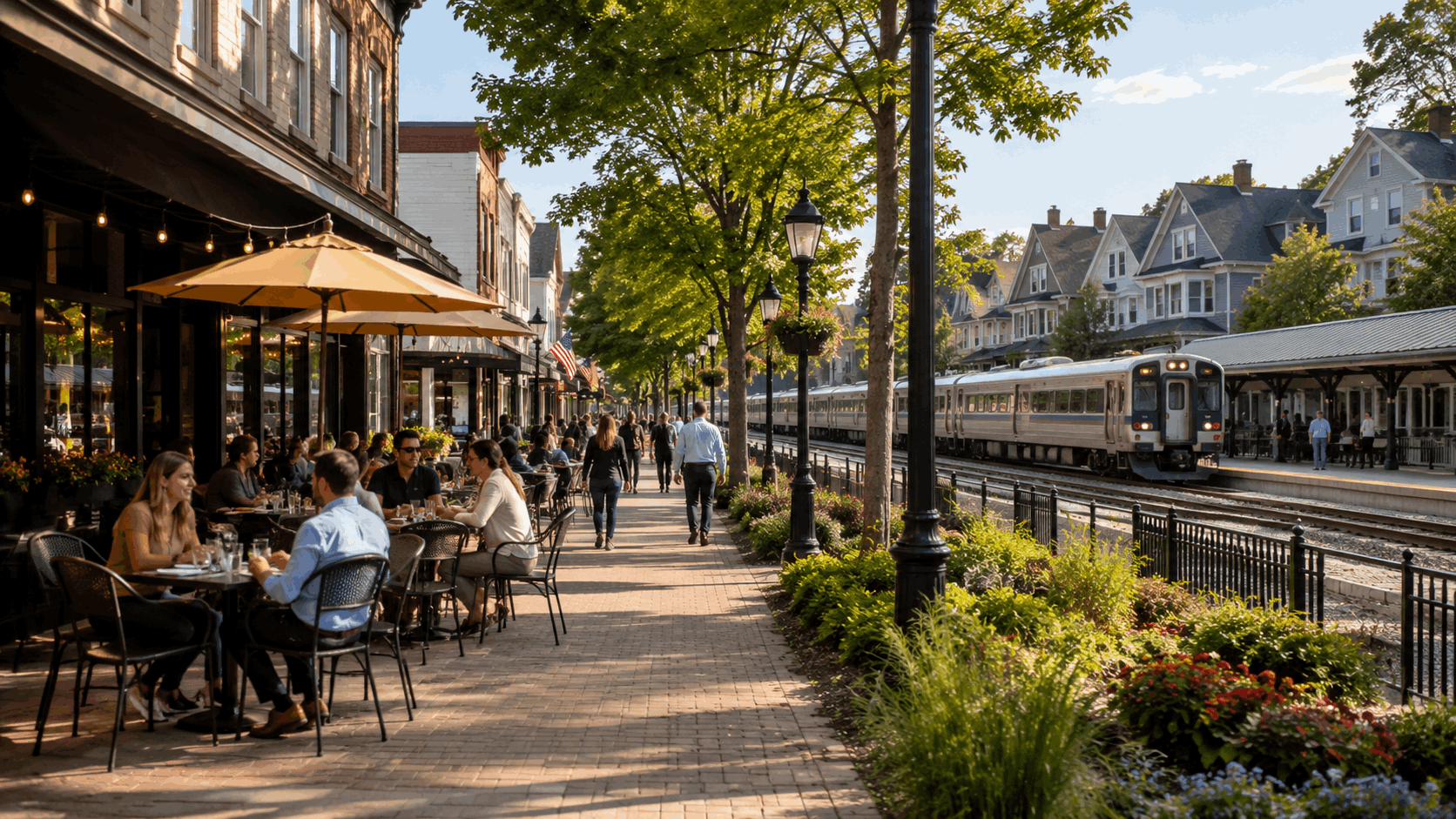 Rutherford, NJ downtown near Park Avenue with cafés, historic storefronts, classic homes, and a commuter train station.